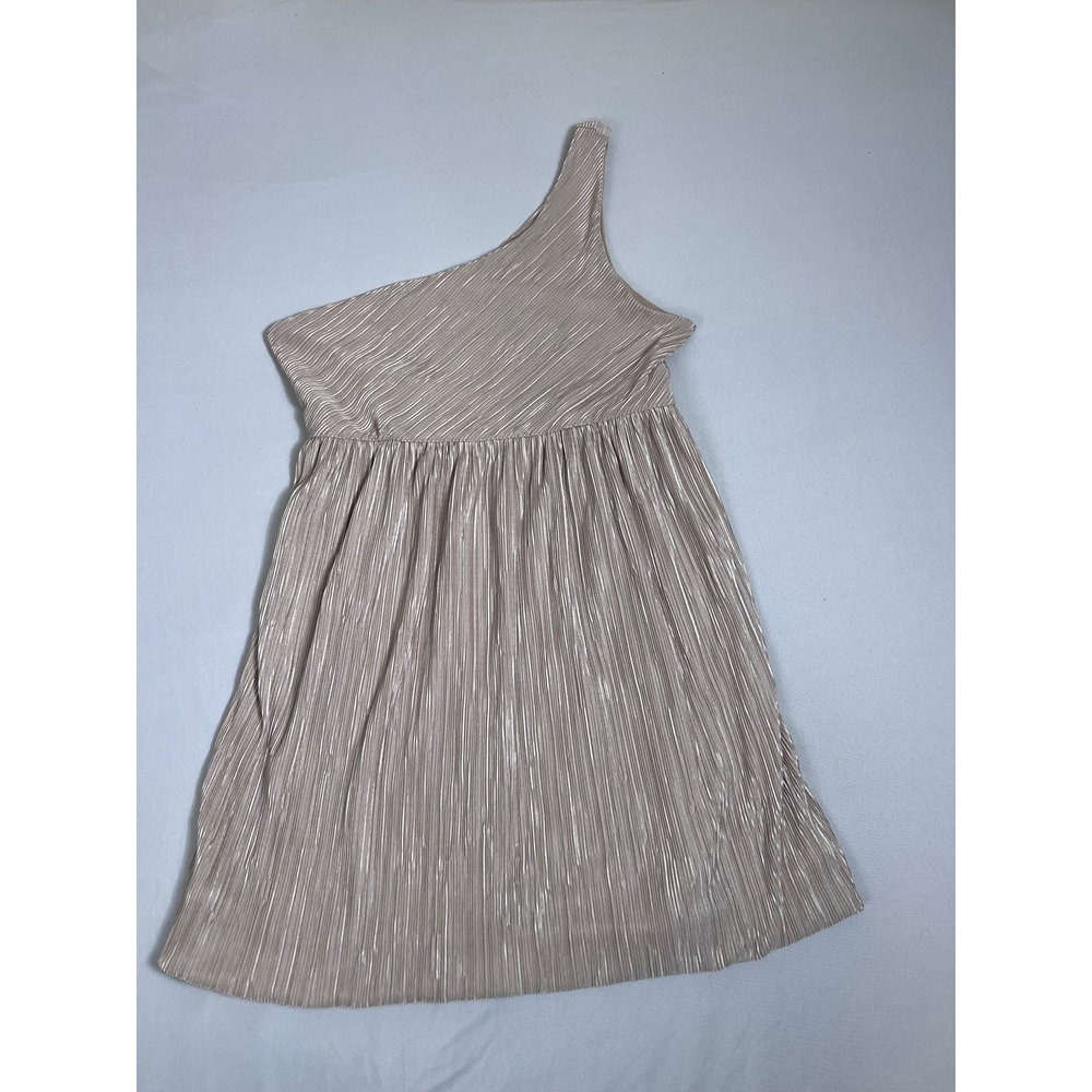 Forever 21 One Shoulder Mini Dress Womens Medium Champagne Metallic Pleated Glam